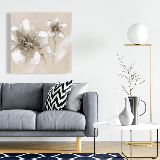 Toile botanique argentée – Deux fleurs crème | Décoration d'intérieur