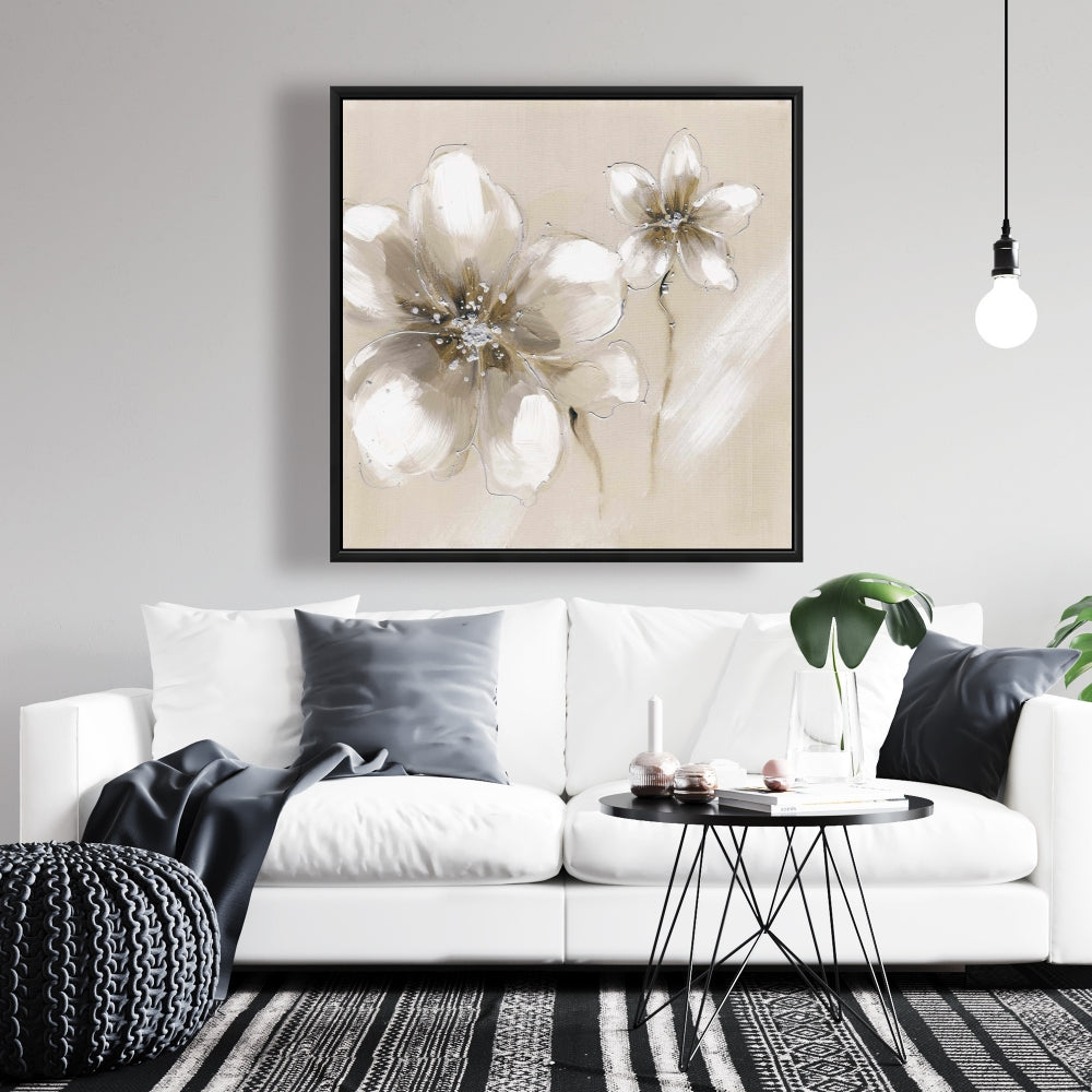 Toile encadrée « Deux fleurs crème » | Décoration murale florale