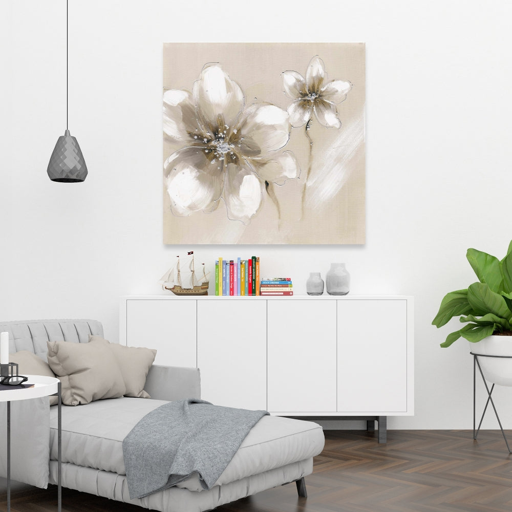 Botanical Silver Canvas - Two Cream Flowers | Home Decor Art