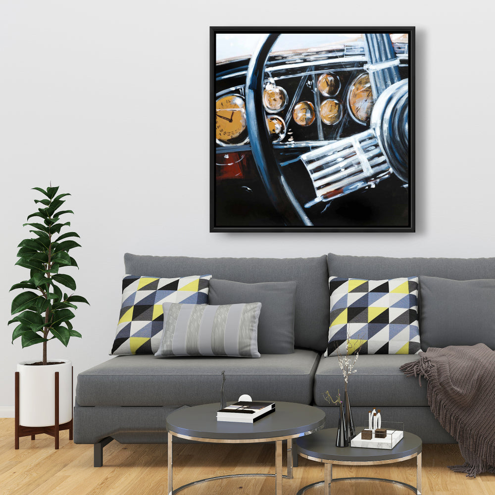 Vintage Car Interior Framed Canvas | Blue Bedroom Decor