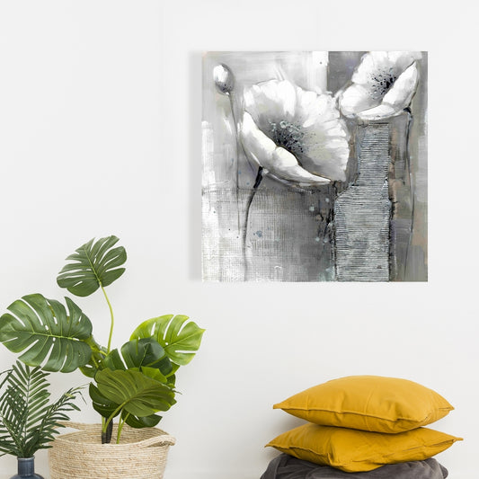 White Botanical Canvas - Industrial Monochrome Flowers Decor