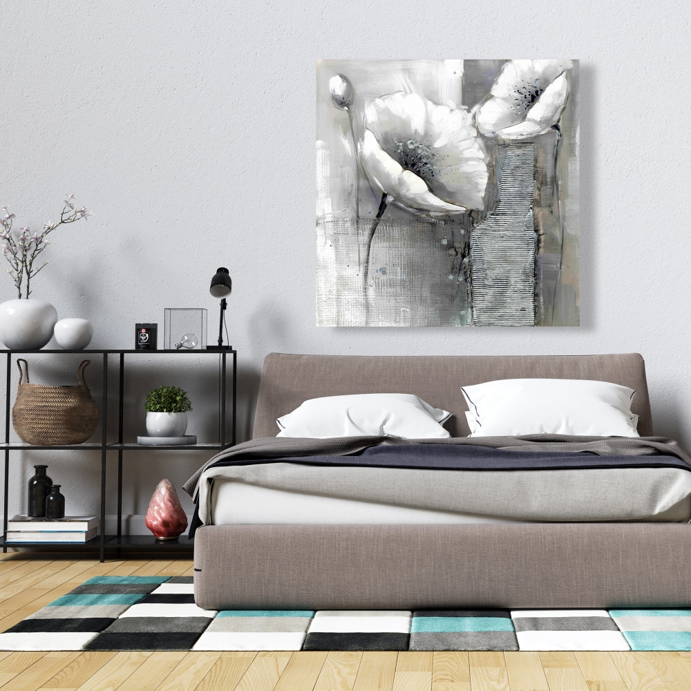 White Botanical Canvas - Industrial Monochrome Flowers Decor