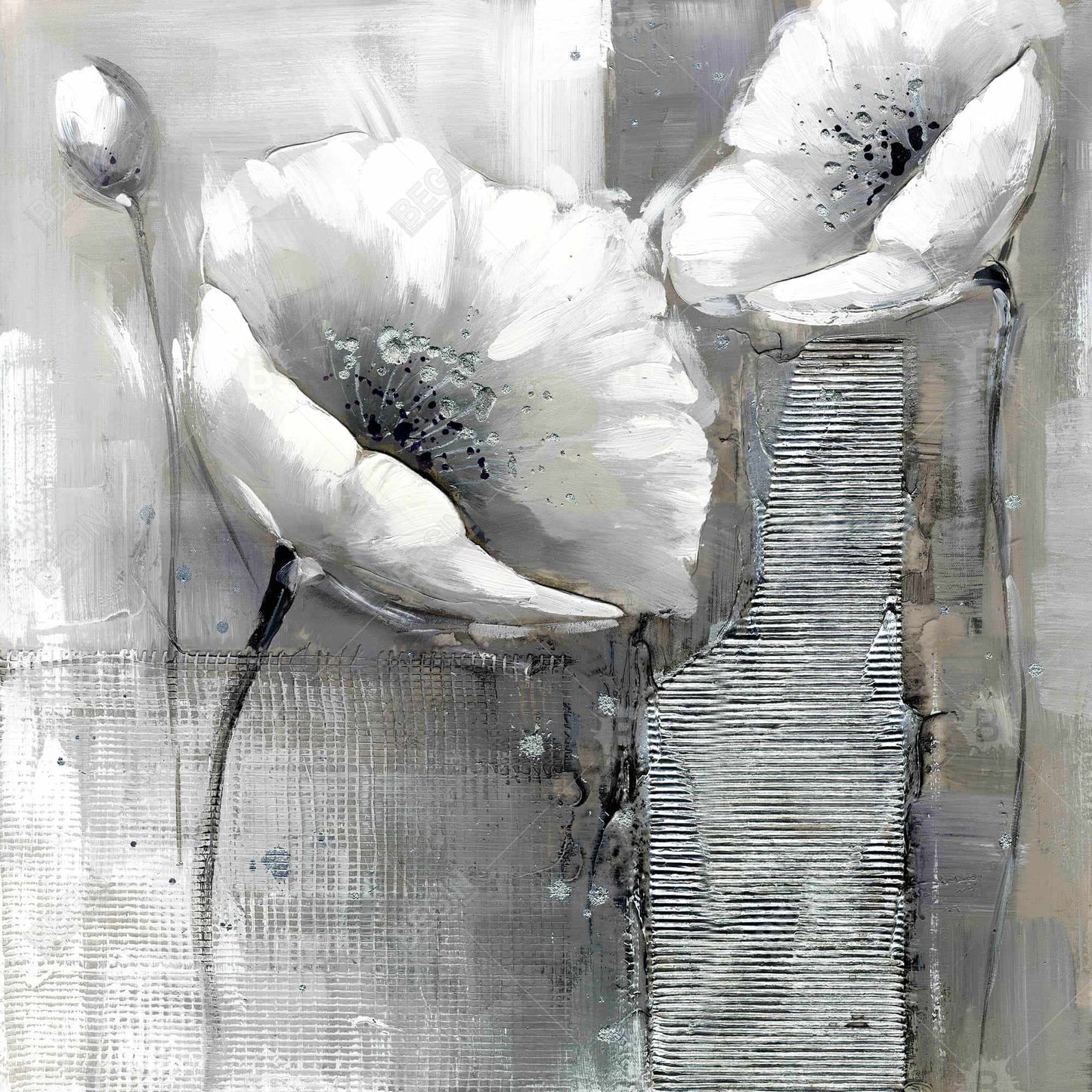 White Botanical Canvas - Industrial Monochrome Flowers Decor