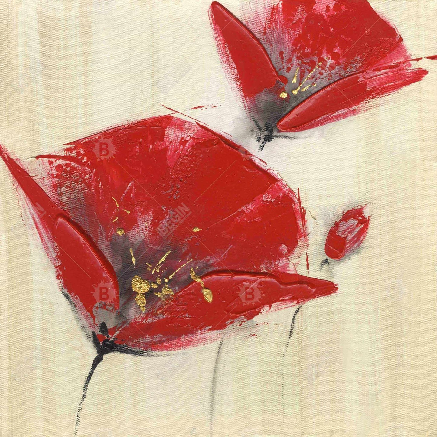 Three Red Flowers Textured Canvas | Floral Botanical Home Decor