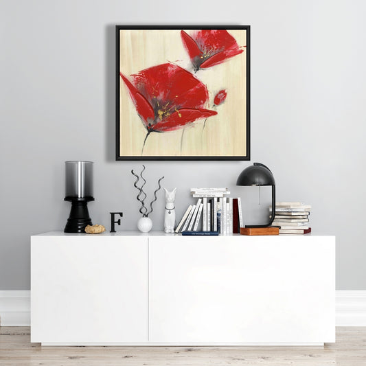 Toile texturée à trois fleurs rouges | Décoration florale et botanique pour la maison