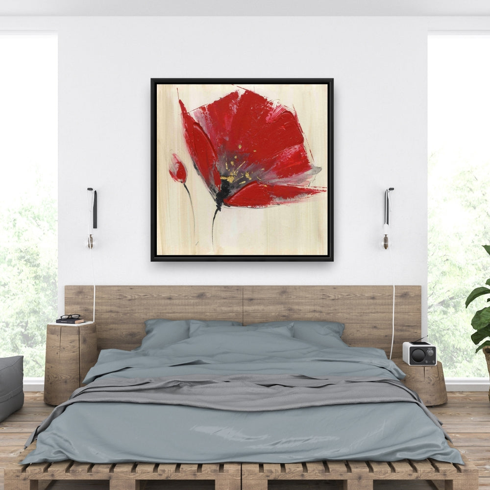 Toile encadrée grise botanique à deux fleurs rouges - Décoration d'intérieur