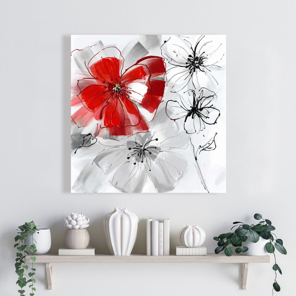 Botanical Bedroom Gray Canvas | Red & Gray Flowers Decor