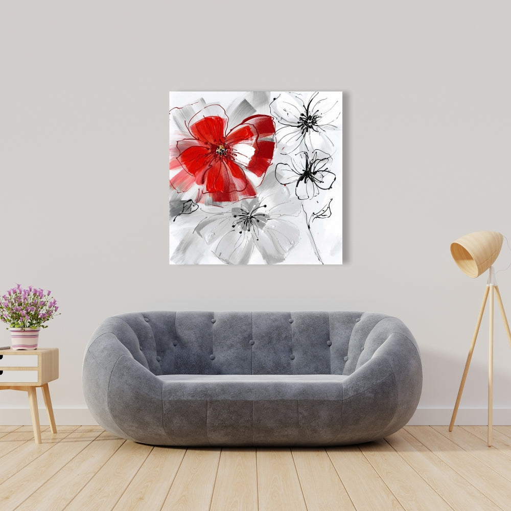 Botanical Bedroom Gray Canvas | Red & Gray Flowers Decor
