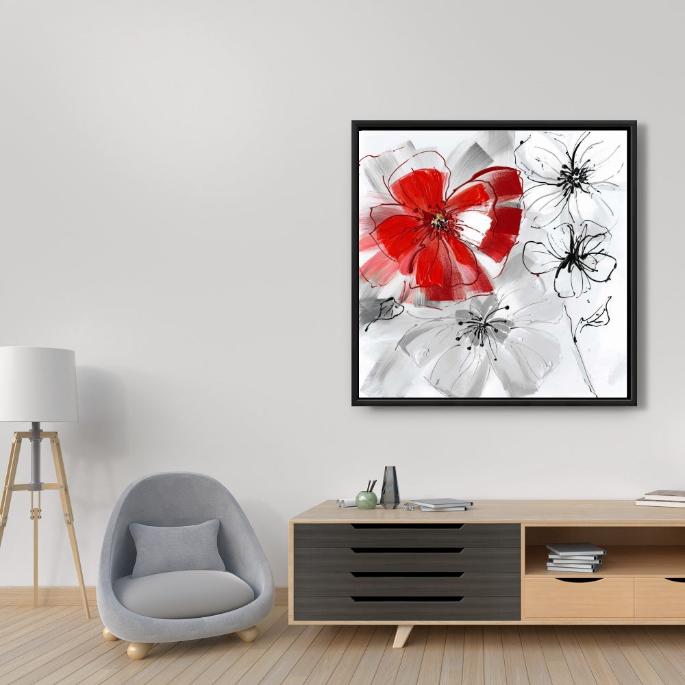 Gray Floral & Botanical Framed Canvas - Red & Gray Flowers Decor