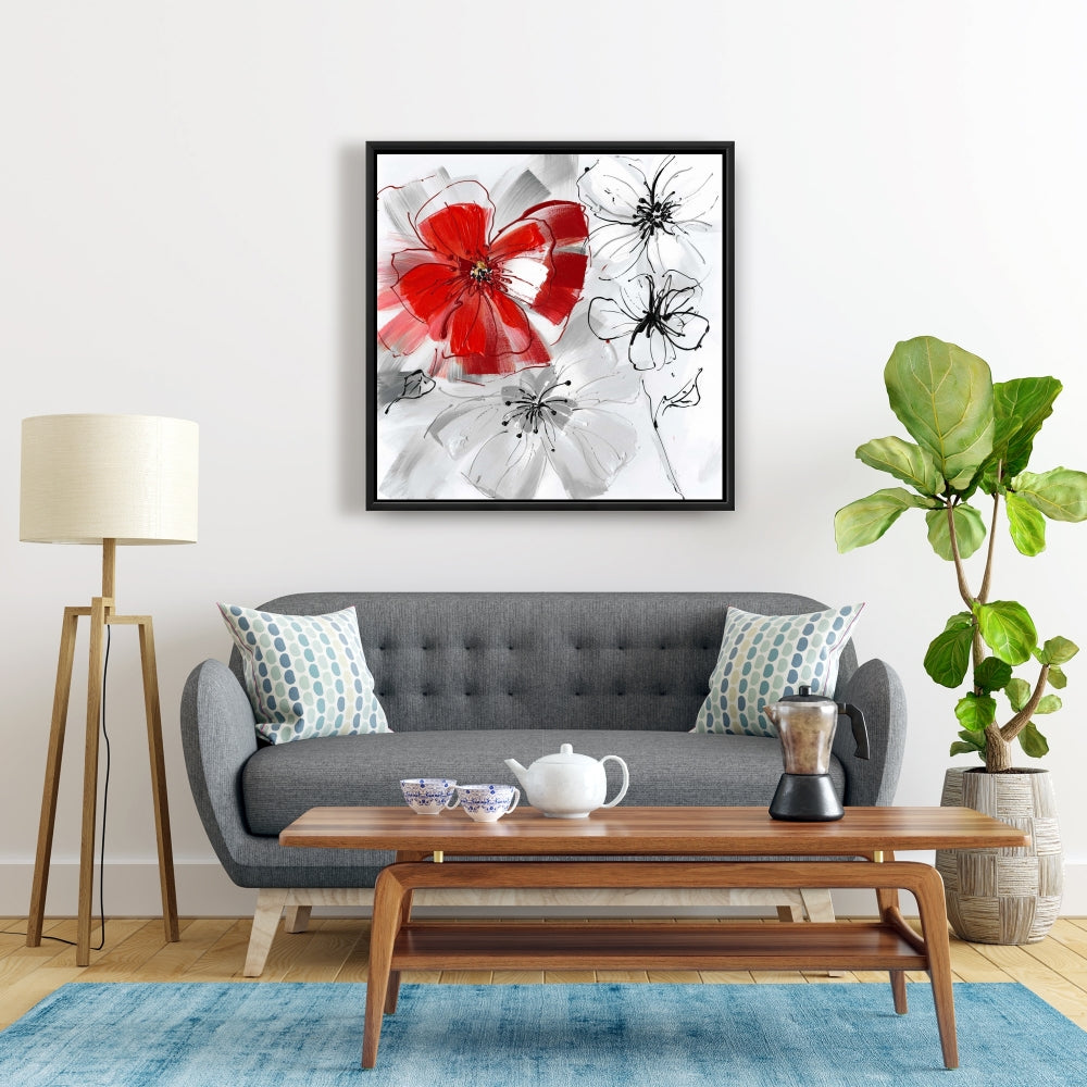 Gray Floral & Botanical Framed Canvas - Red & Gray Flowers Decor