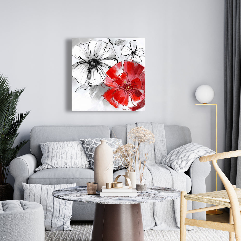 Red & White Flowers Sketch Canvas - Floral Botanical Wall Art