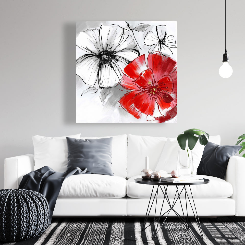 Red & White Flowers Sketch Canvas - Floral Botanical Wall Art