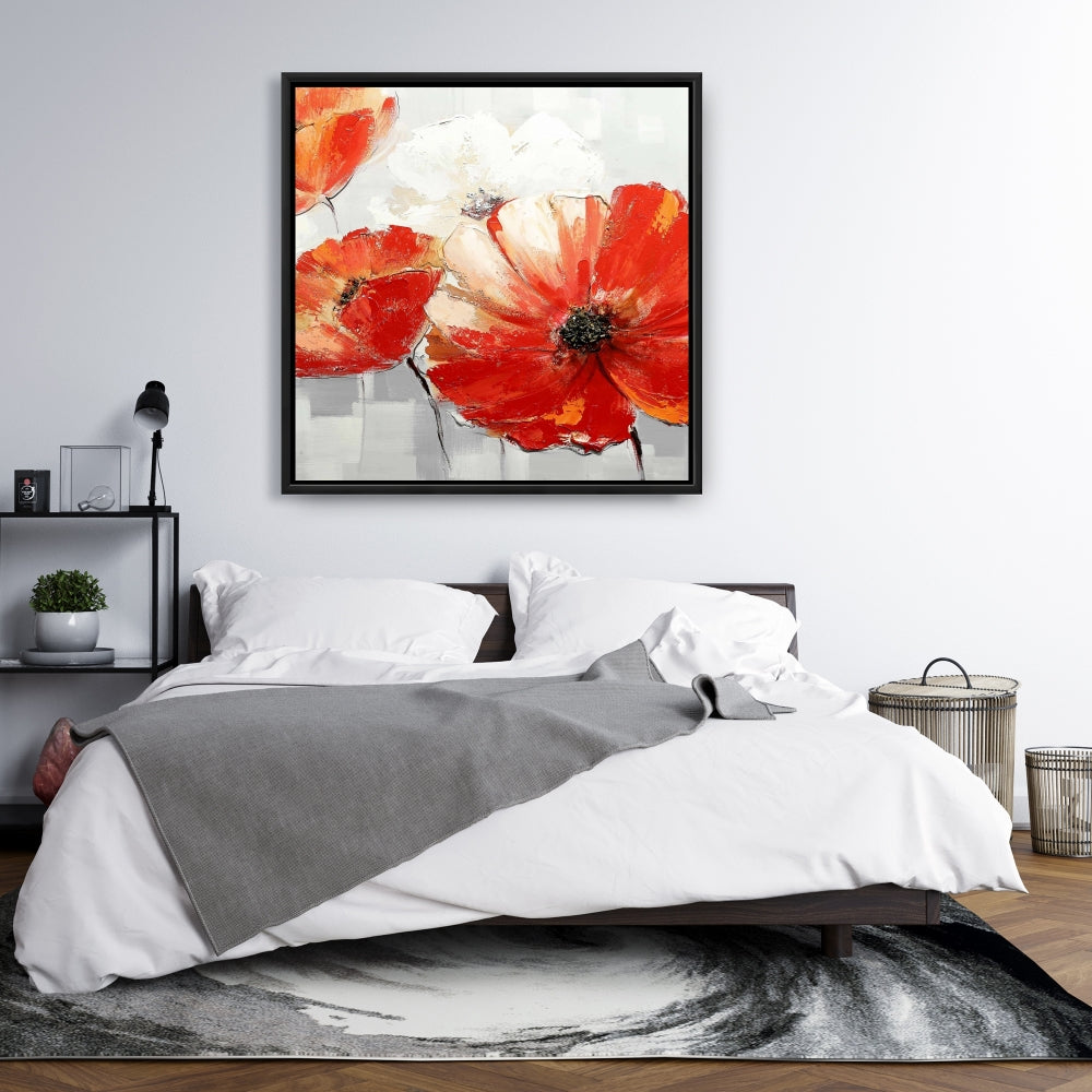 Abstract Red Wild Flowers Framed Canvas | Floral Bedroom Decor