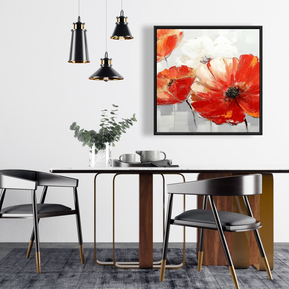 Abstract Red Wild Flowers Framed Canvas | Floral Bedroom Decor