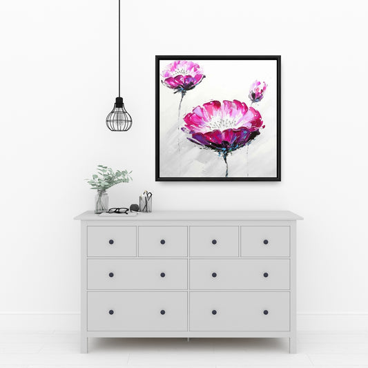 Toile florale grise | Fleurs sauvages roses | Décoration de chambre