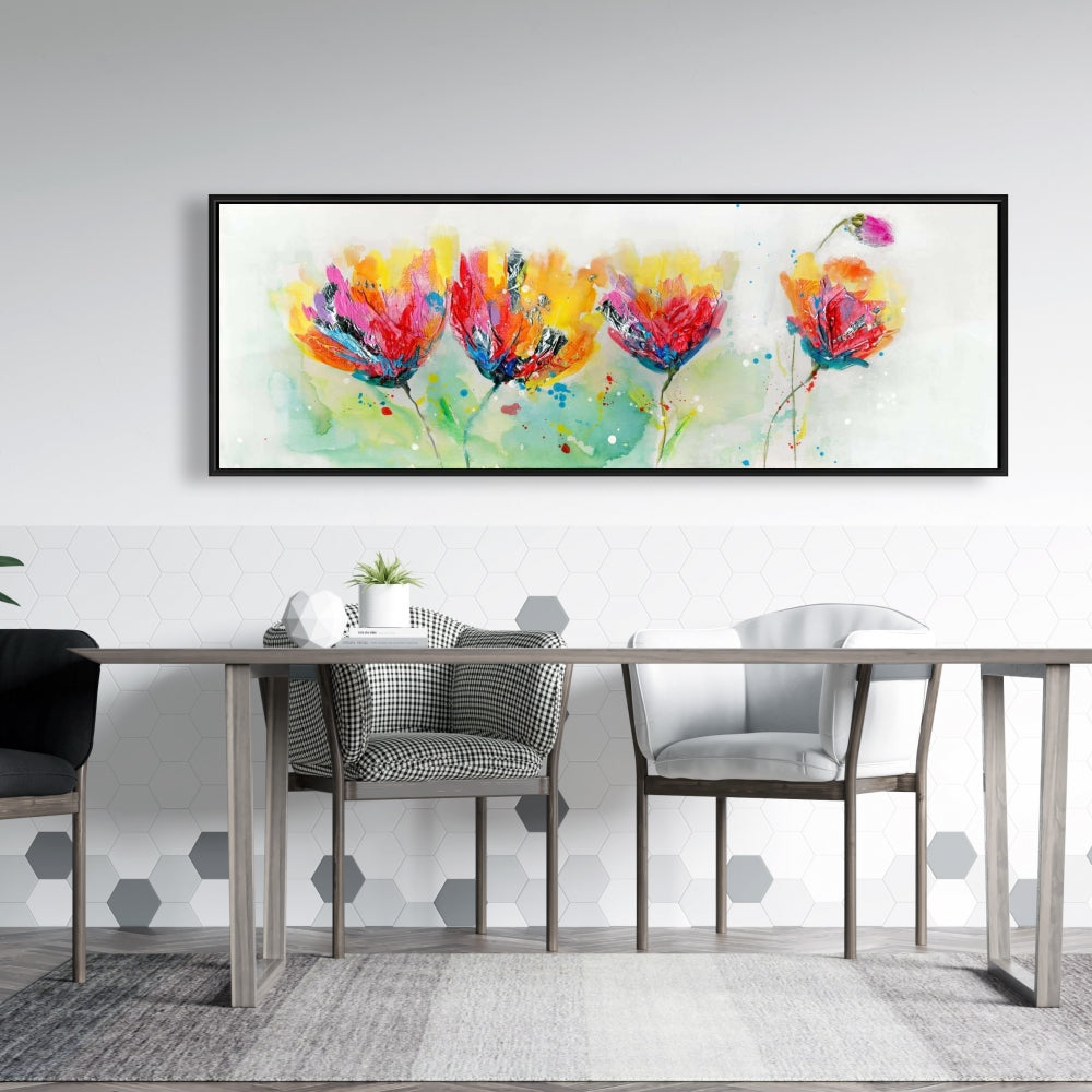 Four Colorful Flowers Canvas - Yellow Frame | Home Decor Art