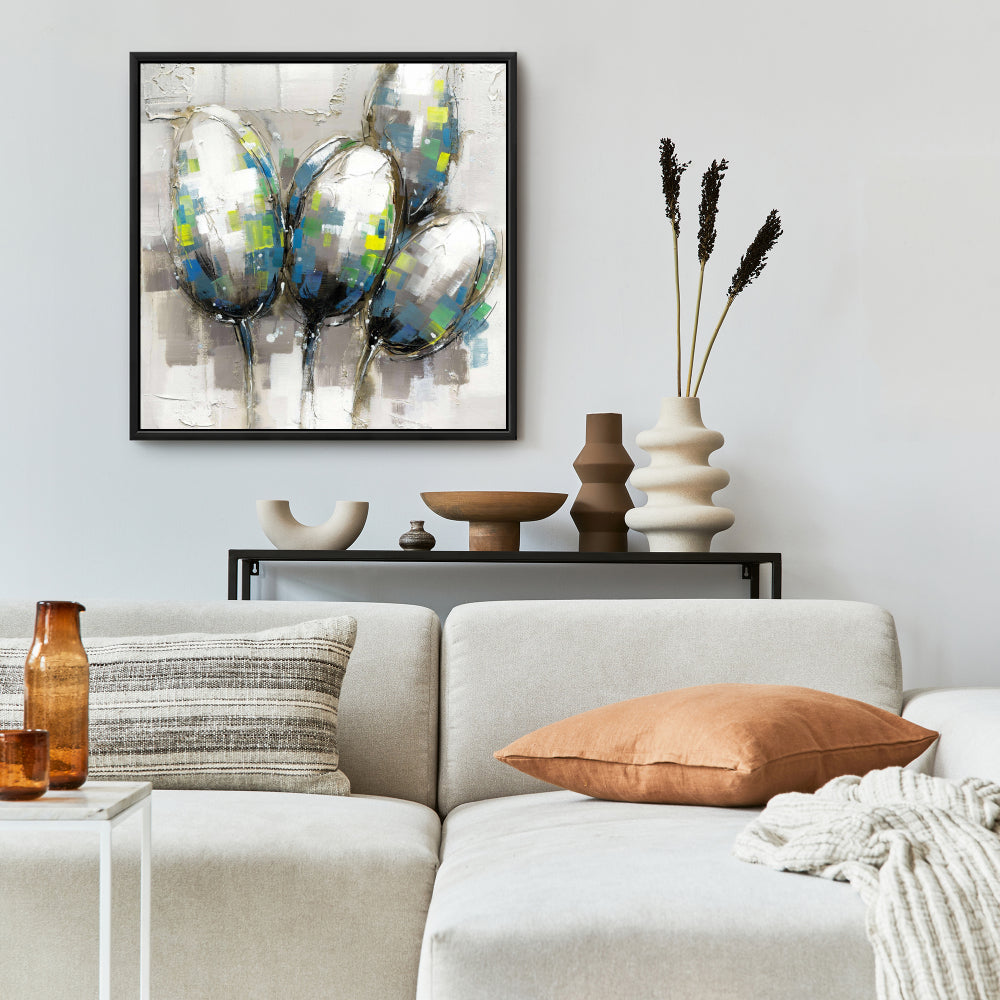 Abstract Blue Tulips Framed Canvas | Botanical Bedroom Decor