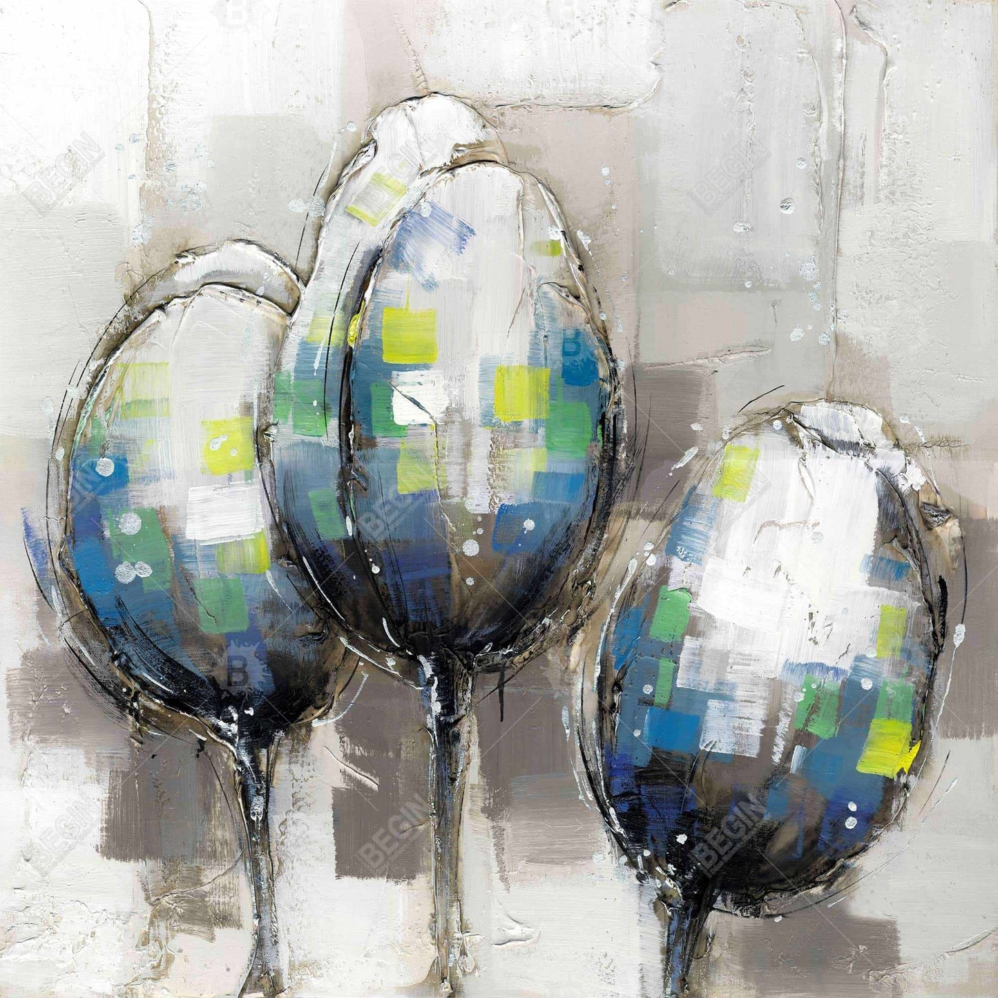 Blue Botanical Floral Framed Canvas - Three Abstract Tulips Decor