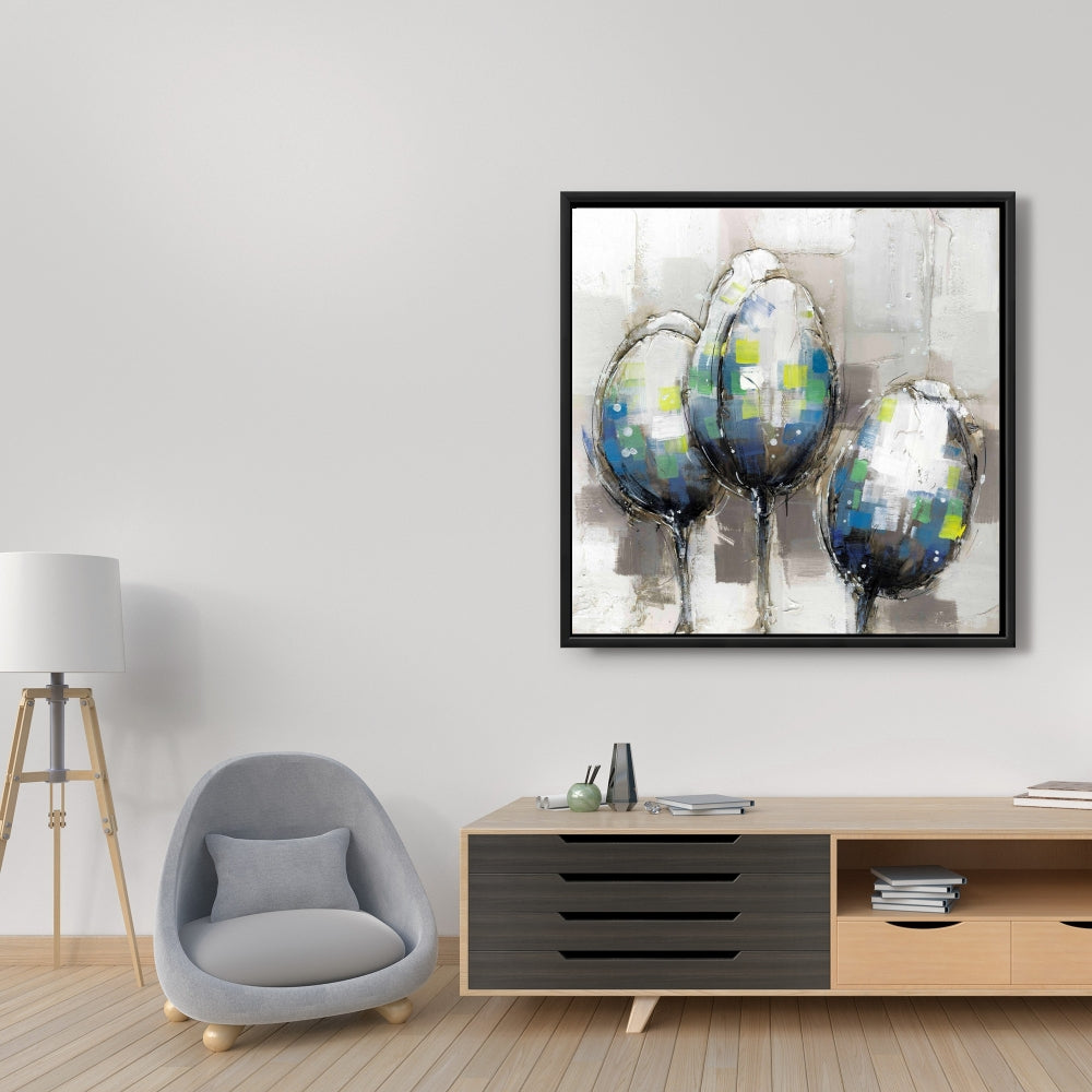 Blue Botanical Floral Framed Canvas - Three Abstract Tulips Decor