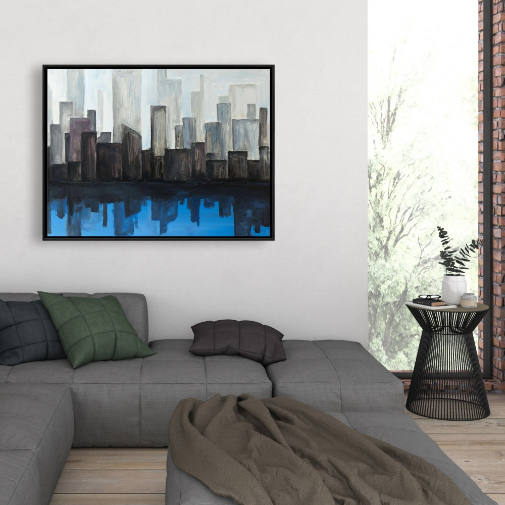 Toile « Vue sur la ville bleue » | Décoration murale contemporaine encadrée