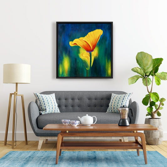 Superbe toile encadrée bleue à fleurs contrastées - Décoration de chambre