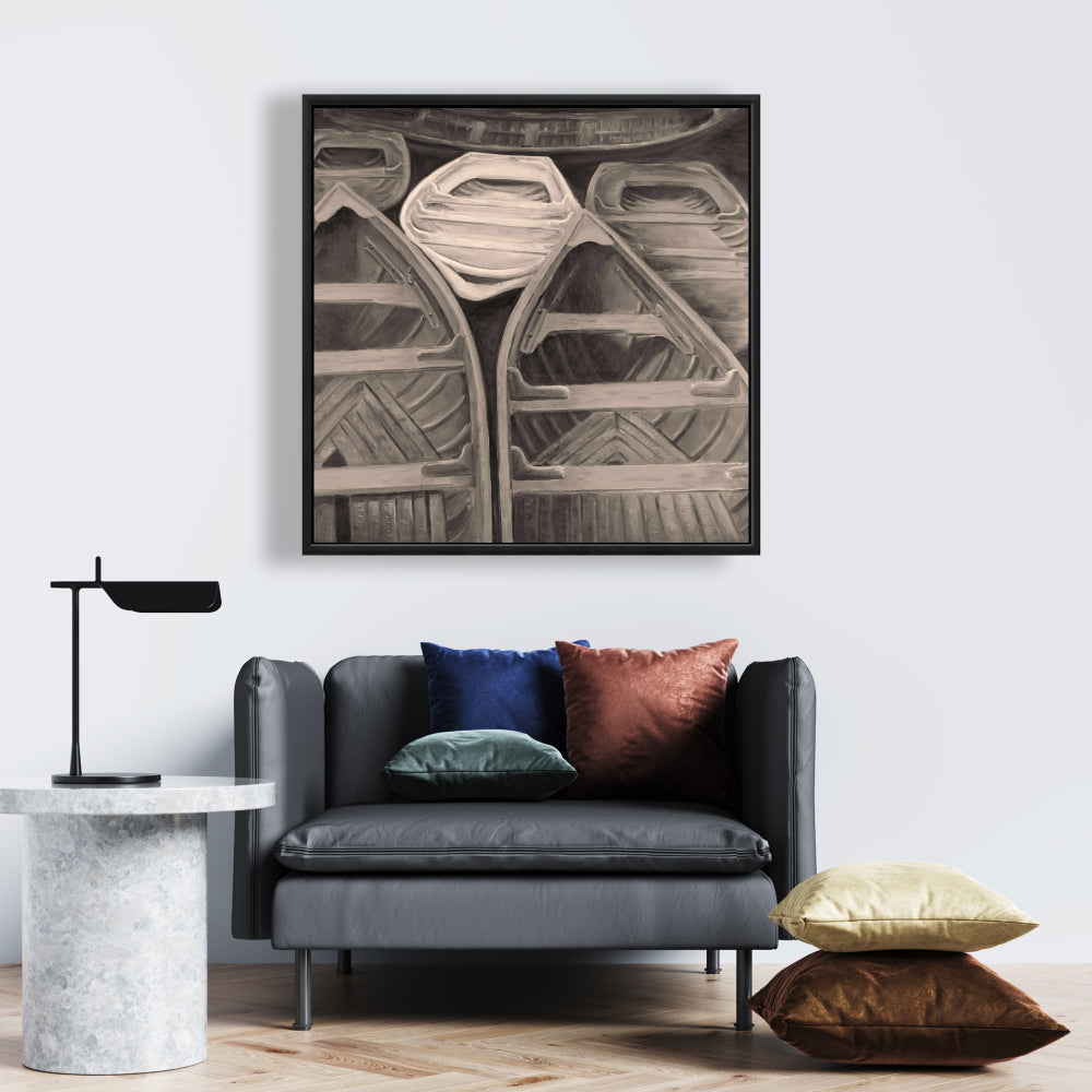 Sepia Canoes Bedroom Canvas | Brown Framed Boat Wall Art