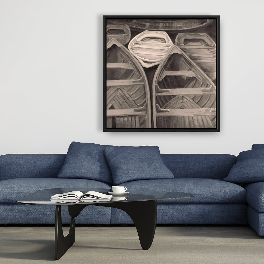 Sepia Canoes Bedroom Canvas | Brown Framed Boat Wall Art