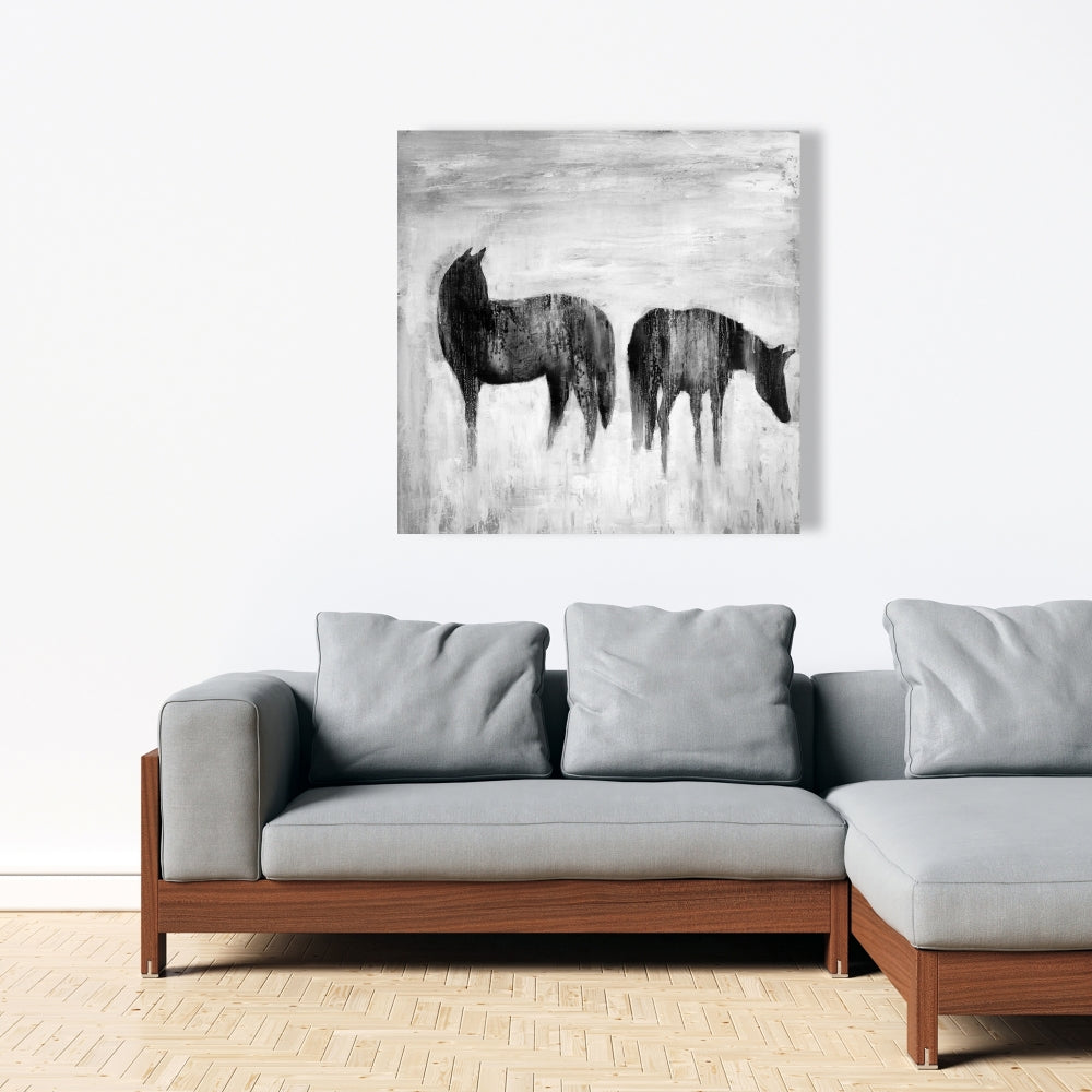Horses Silhouettes in Mist - White Abstract Canvas Home Decor