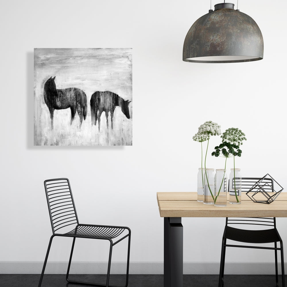 Horses Silhouettes in Mist - White Abstract Canvas Home Decor