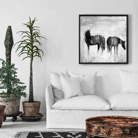 Horses Silhouettes in the Mist | Abstract Horse Canvas Decor