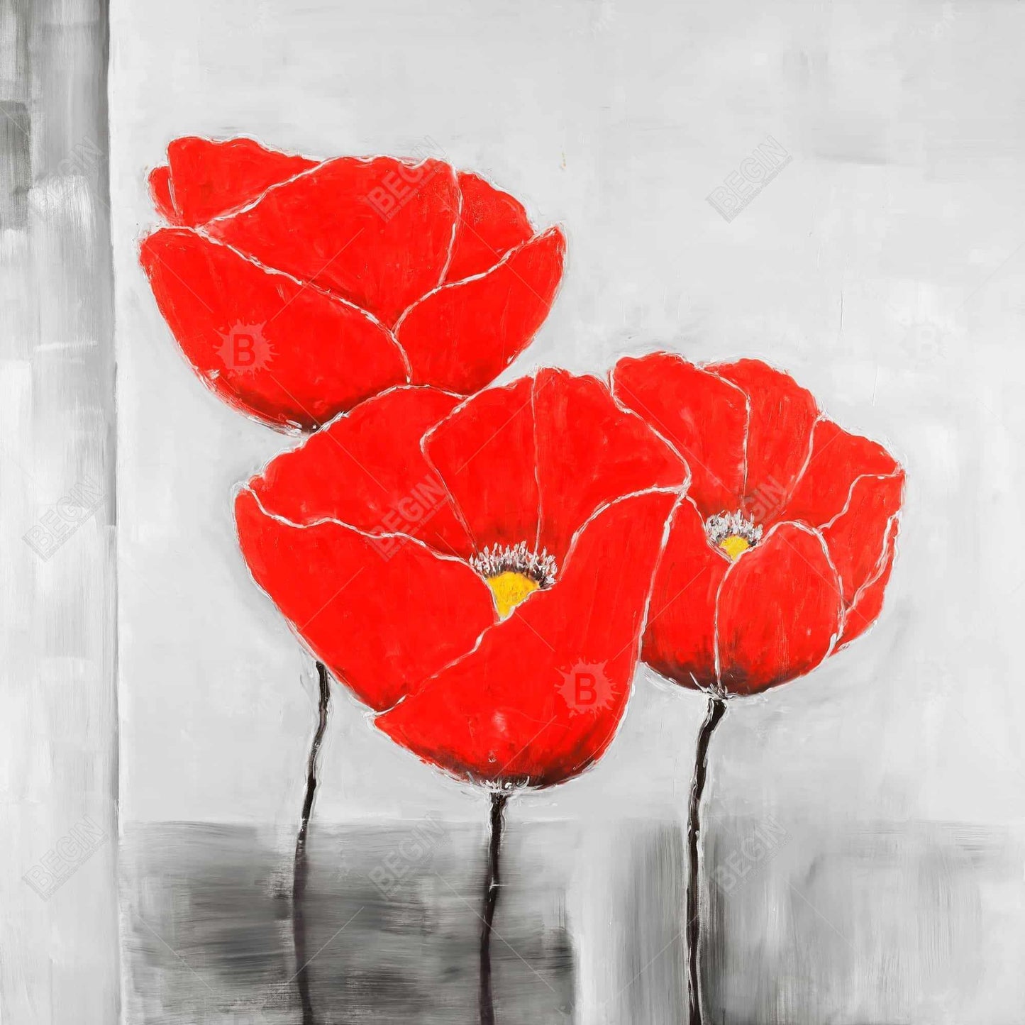Three Poppies Industrial Gray Canvas - Bedroom Wall Art Decor