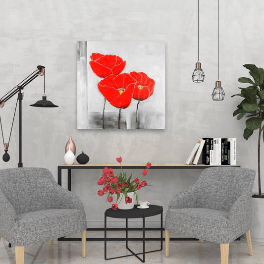 Toile grise industrielle « Trois coquelicots » - Décoration murale pour chambre à coucher