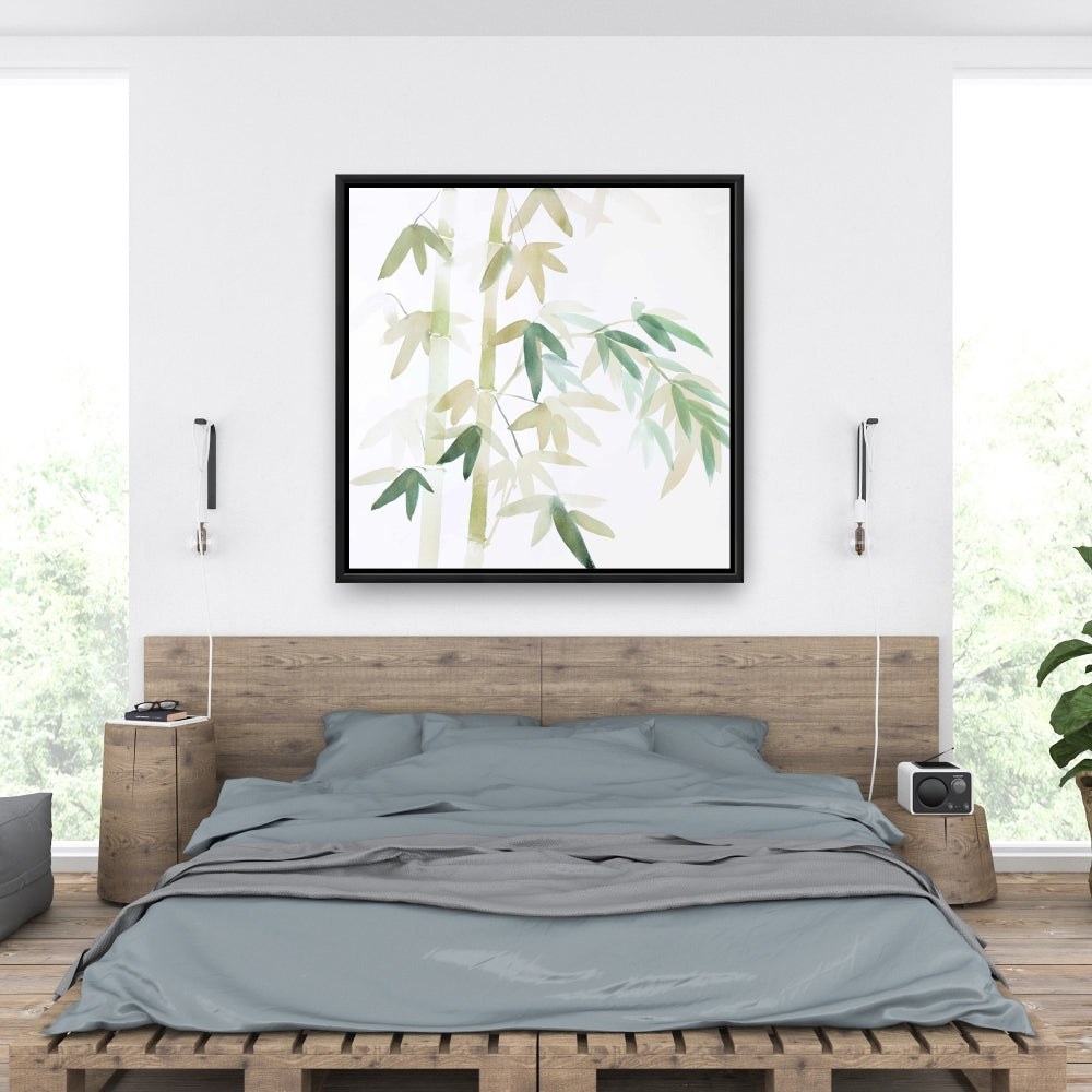 Watercolor Bamboo Leaves Canvas | Green Bathroom Decor