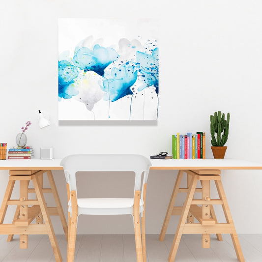 Contemporary Blue Abstract Canvas | Watercolor Splash Flowers