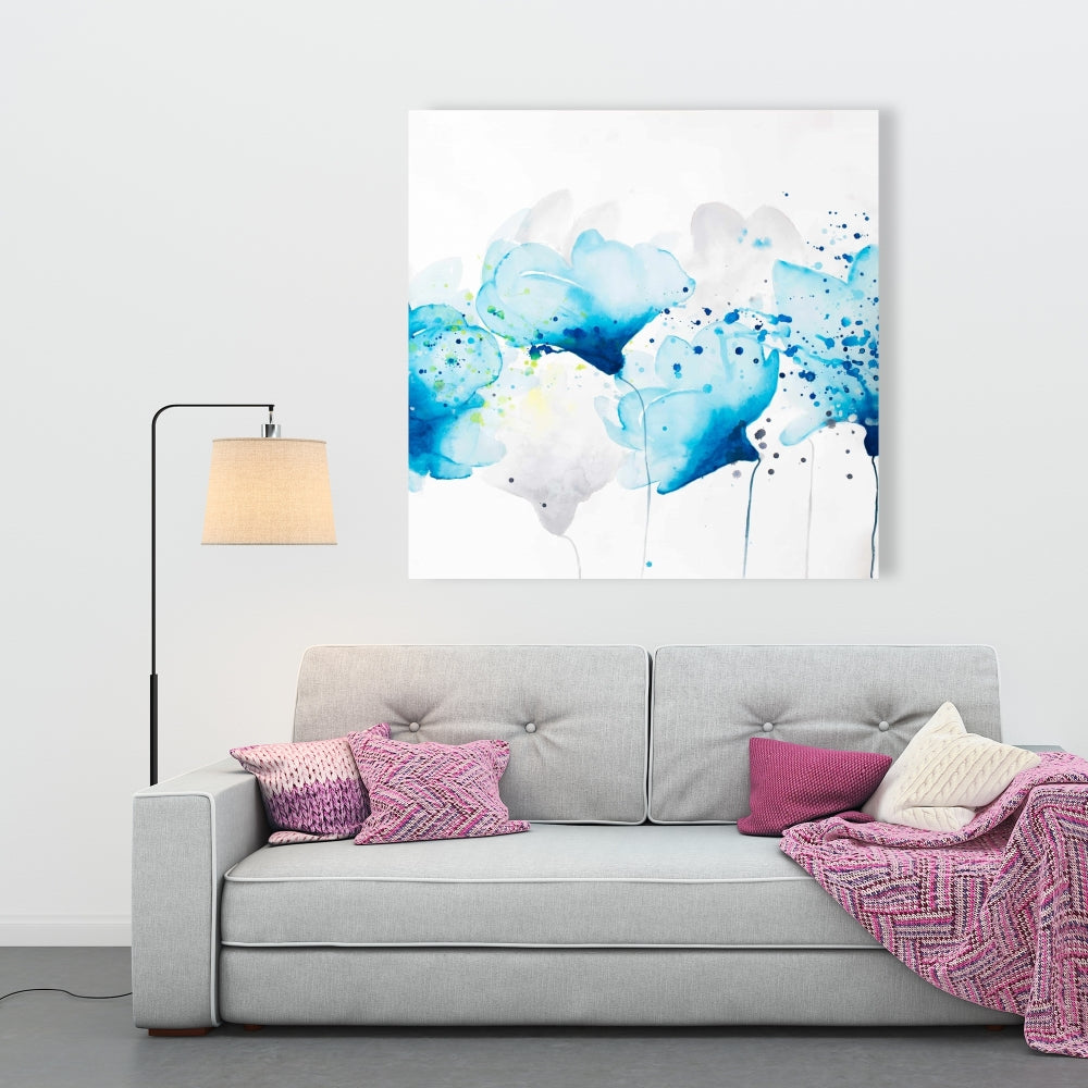 Contemporary Blue Abstract Canvas | Watercolor Splash Flowers