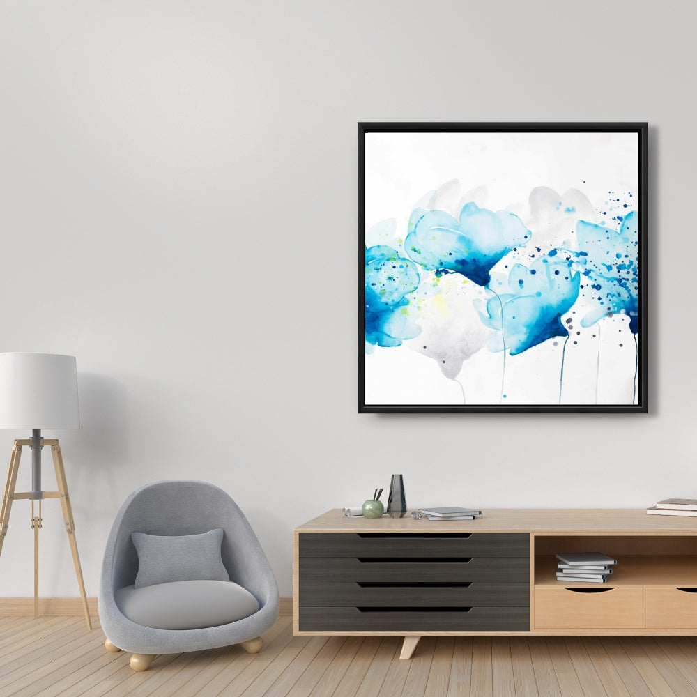 Watercolor Paint Splash Flowers | Blue Framed Canvas Decor