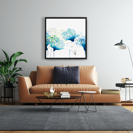 Toile à fleurs abstraites bleues | Décor à pois et éclaboussures de peinture