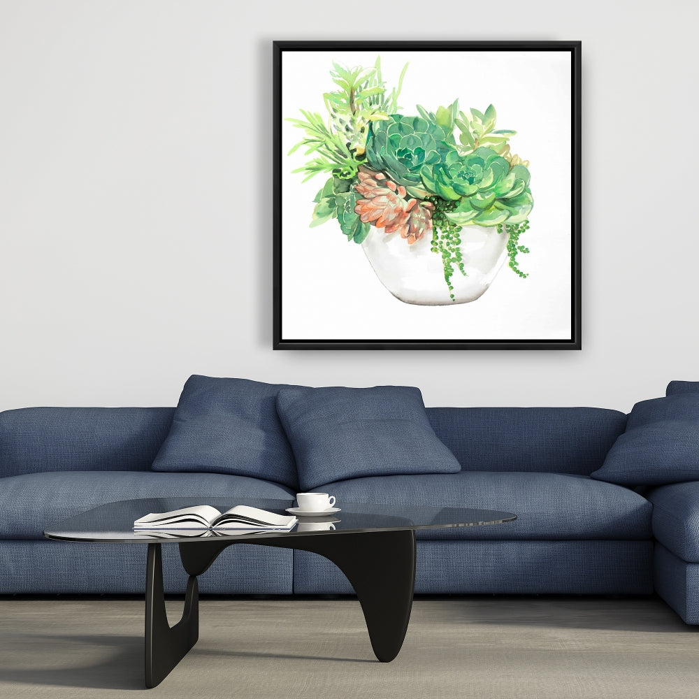 Toile « Assortiment de plantes succulentes » | Cadre blanc exotique pour décoration d'intérieur