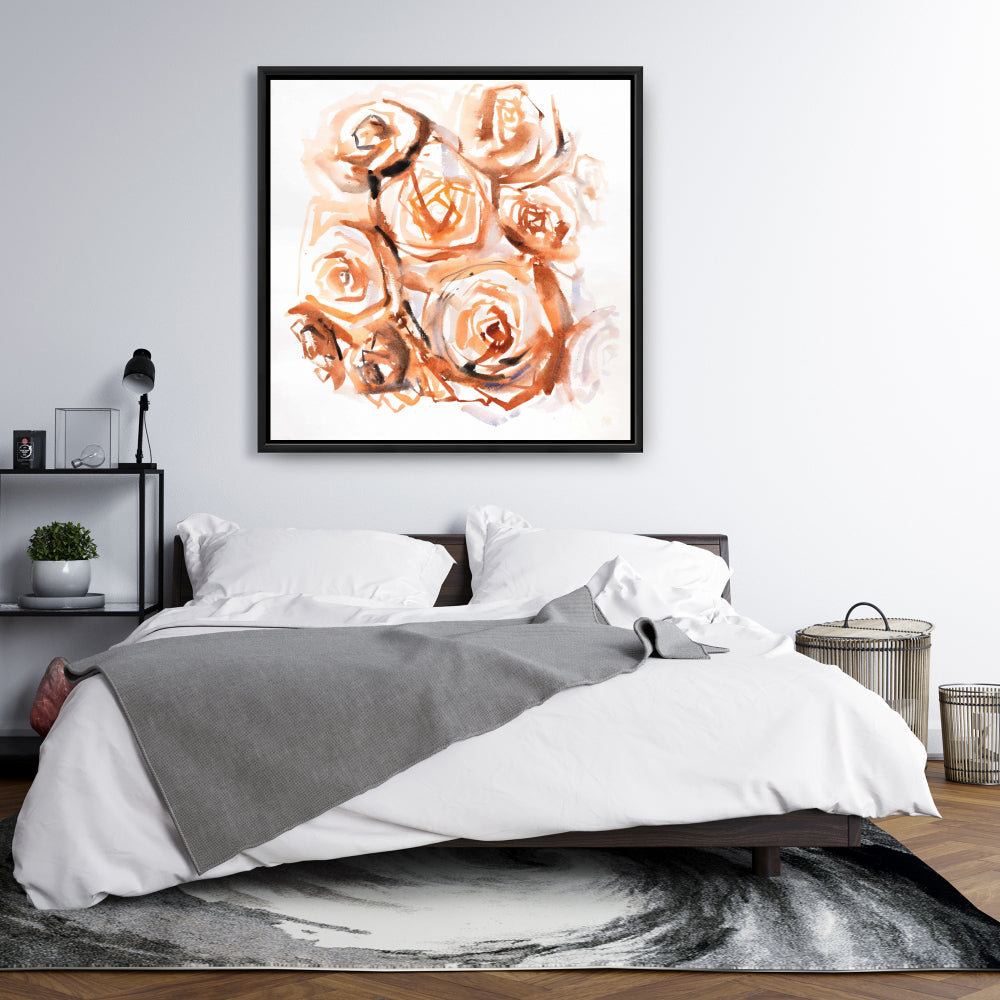 Toile encadrée abstraite avec roses sépia - Décoration de chambre marron