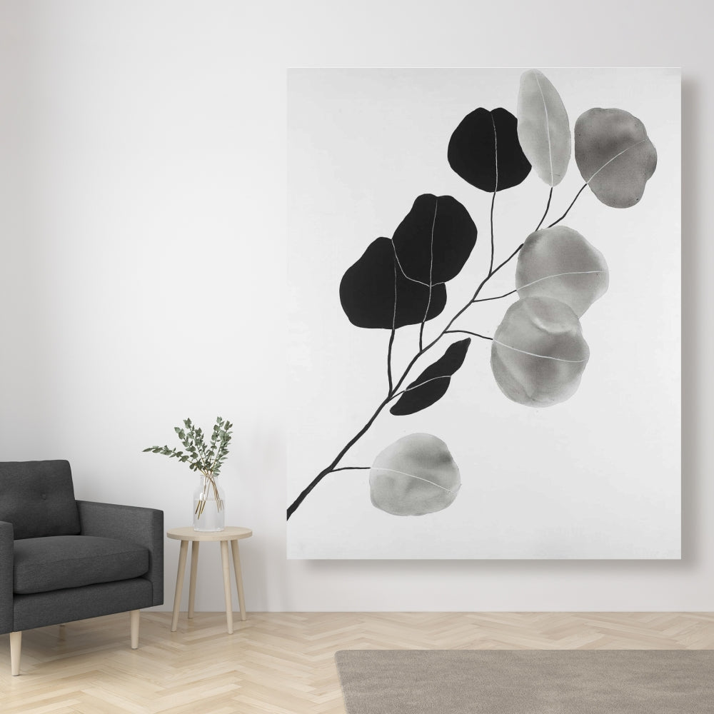 Toile à motifs de branches et de feuilles en nuances de gris | Décoration botanique minimaliste