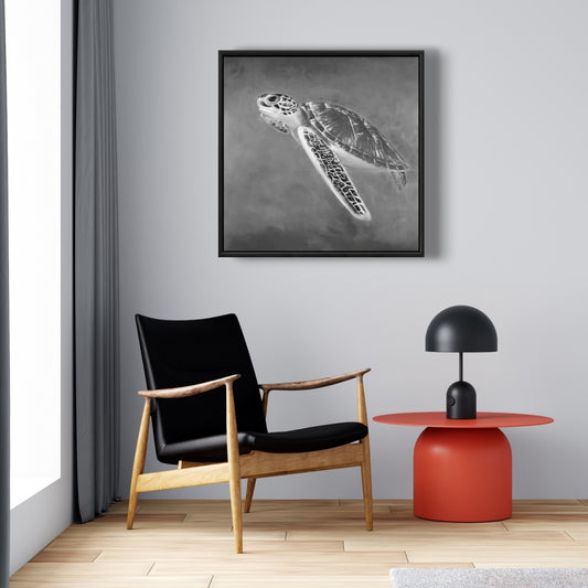 Toile Tortue de mer en nuances de gris | Décoration aquatique blanche encadrée