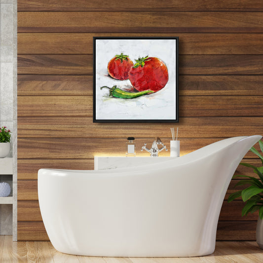 Toile de cuisine rouge « Tomates au jalapeño » – Décoration d'intérieur encadrée