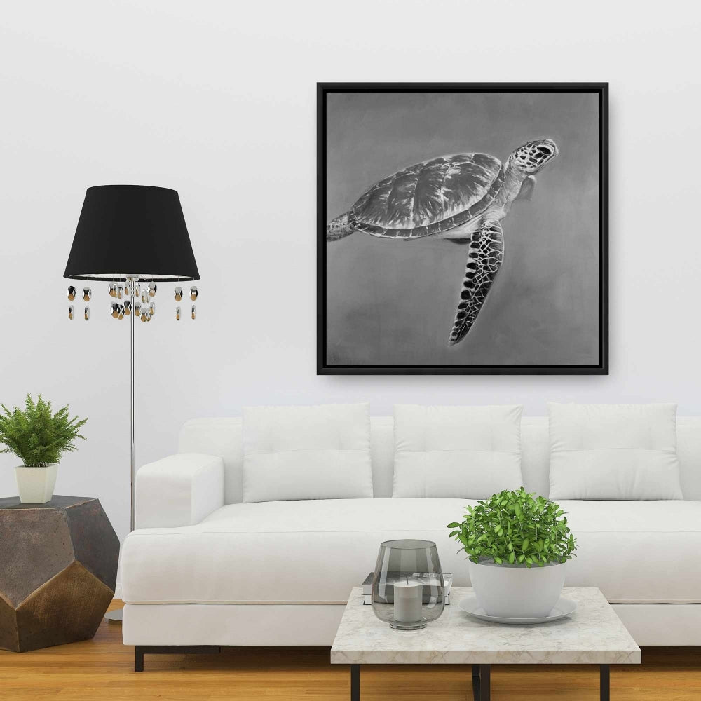 Toile Tortue aquatique en nuances de gris | Décoration d'intérieur avec cadre blanc