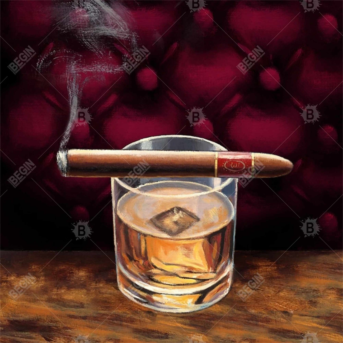 Toile encadrée Brown Gastronomie | Scotch sur glace avec décor de cigares