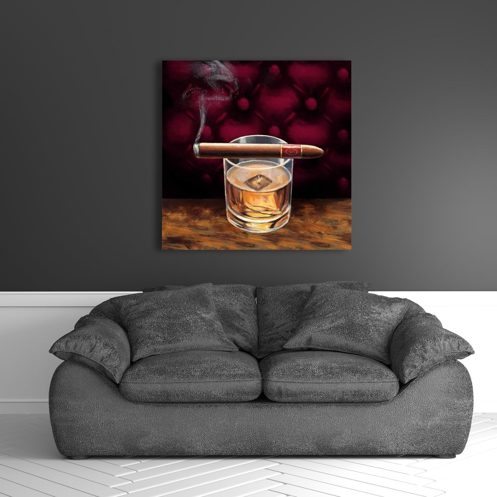 Brown Gastronomy Kitchen Canvas - Scotch on Ice with Cigar Art