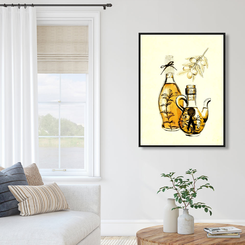 Yellow Object Framed Canvas | Two Bottles of Olive Oil Decor