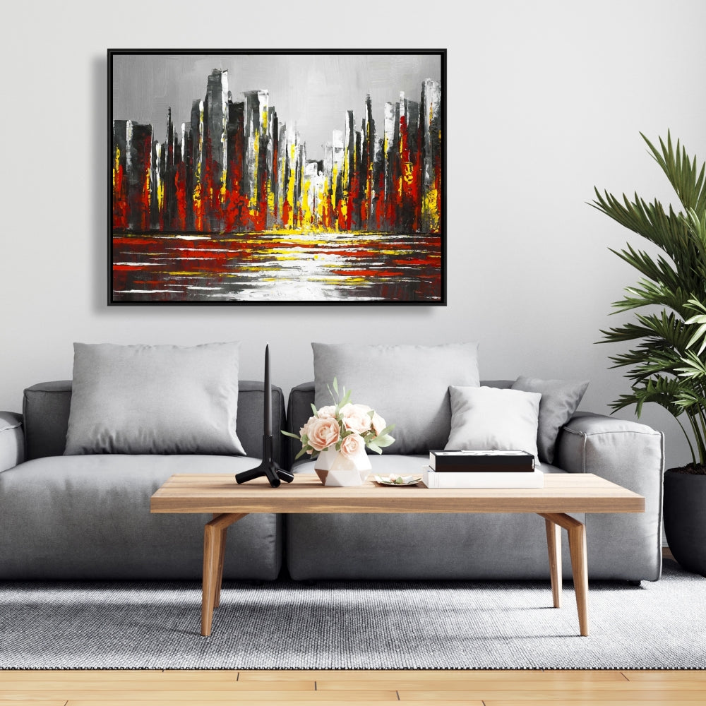 Abstract Red Skyline Canvas | Gray Frame Wall Art Decor