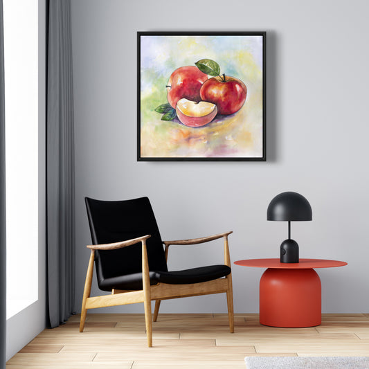 Toile de cuisine rouge avec pommes succulentes | Décoration murale