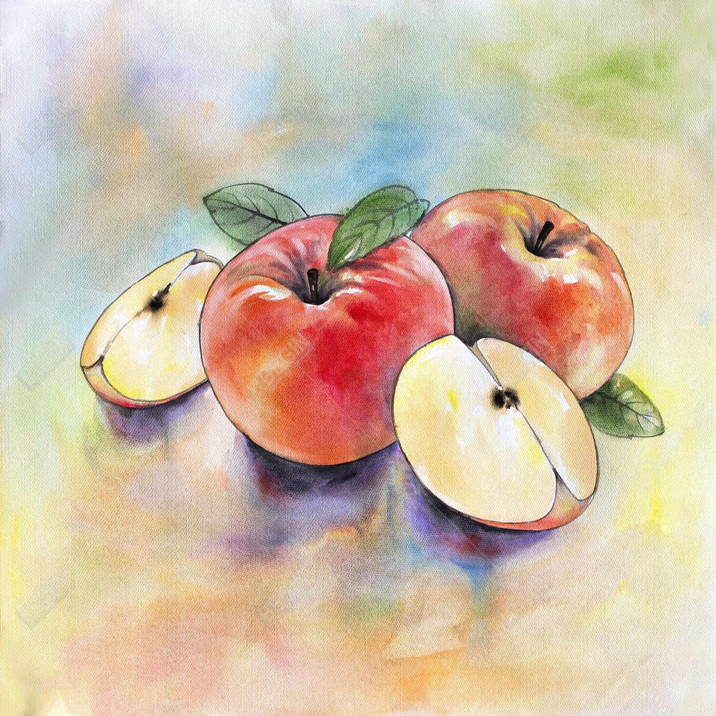 Toile « Récolte de pommes » : Décoration d'intérieur illustrée de feuilles jaunes