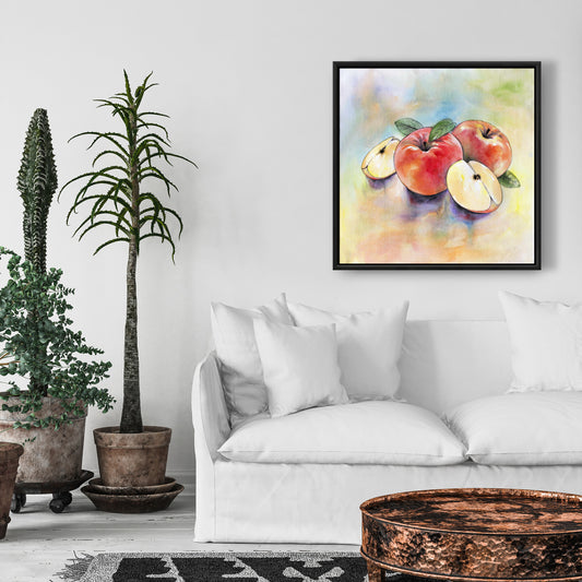 Toile « Récolte de pommes » : Décoration d'intérieur illustrée de feuilles jaunes